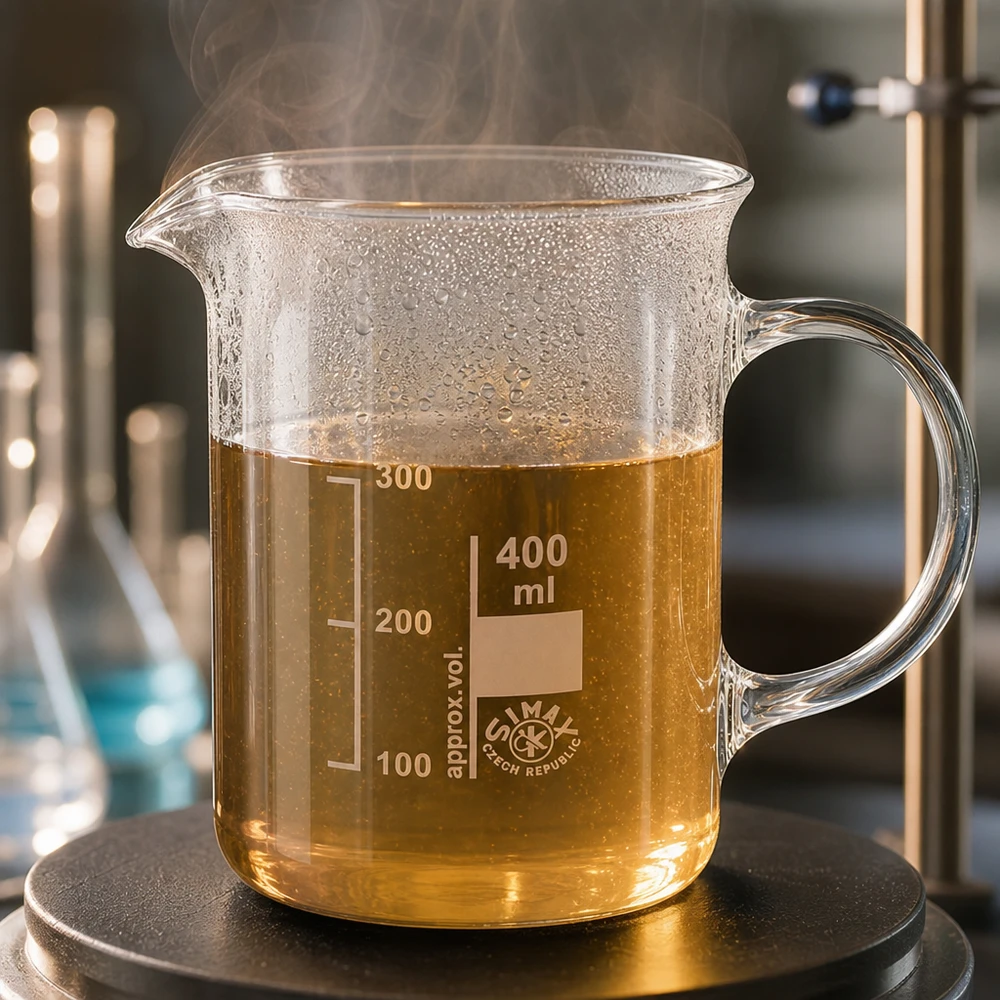 Bécher avec poignée 400ml en verre borosilicate résistant à la chaleur (forme normale) Bécher fumant de 400 ml avec anse, contenant une solution brune chauffée sur une plaque chauffante, en verre borosilicaté