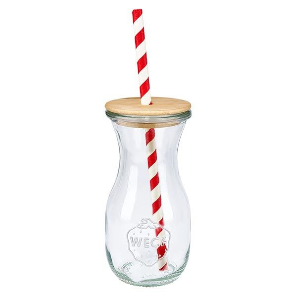 WECK Gourde 290ml transparente avec couvercle en bois et paille en papier rayé rouge et blanc Vue simple