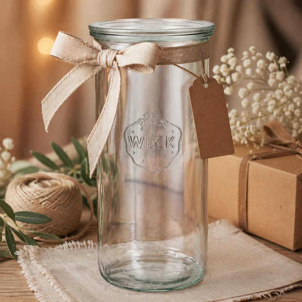 1500ml bocal conique avec bouchon en verre WECK RR100 WECK Verre renversé 1500ml RR100 comme cadeau décoré avec un ruban beige et un pendentif sur bois avec des boîtes cadeaux
