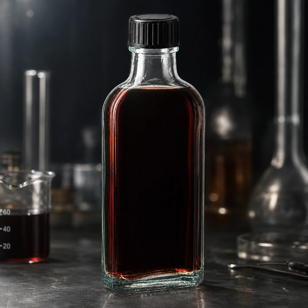 Bouteille en verre Meplat de 100 ml remplie d'un liquide rouge foncé et munie d'un bouchon à vis noir, dans un laboratoire