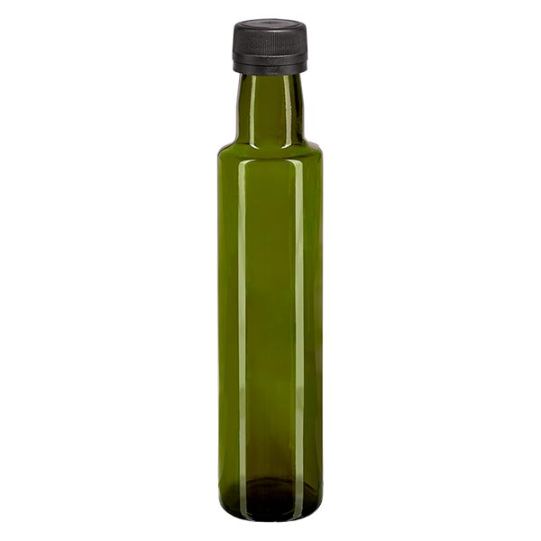 Bouteille d'huile 250 ml ronde, vert olive + capsule à vis noire (PP 31,5 mm), bague anti-gouttes et système d'inviolabilité