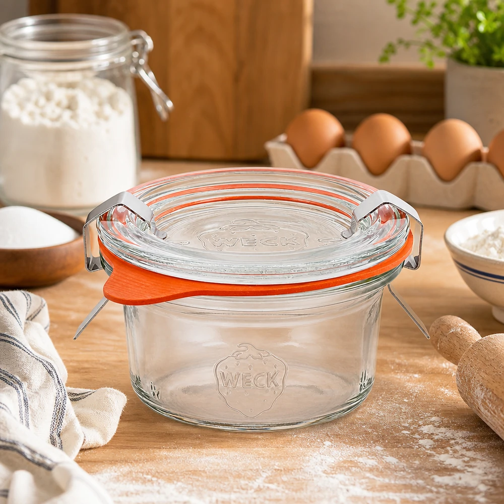 50ml bocal conique complet WECK RR60 WECK Pot de 50 ml RR60 sur plan de travail en bois dans une ambiance de pâtisserie avec farine, œufs et ingrédients de cuisson comme scène de cuisine