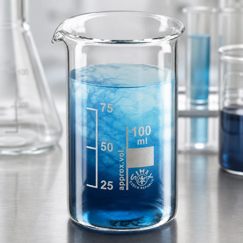 Verre à bécher Simax de 100 ml, modèle haut, contenant une solution bleue et présentant une diffusion visible en laboratoire
