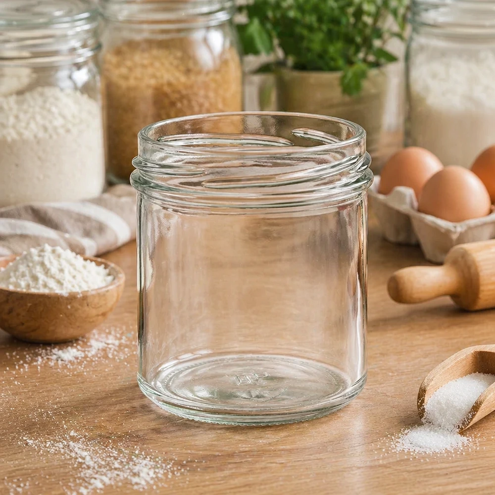 Verre renversé vide 167ml TO66 UNiTWIST sur table en bois avec ustensiles de cuisine et ingrédients en arrière-plan