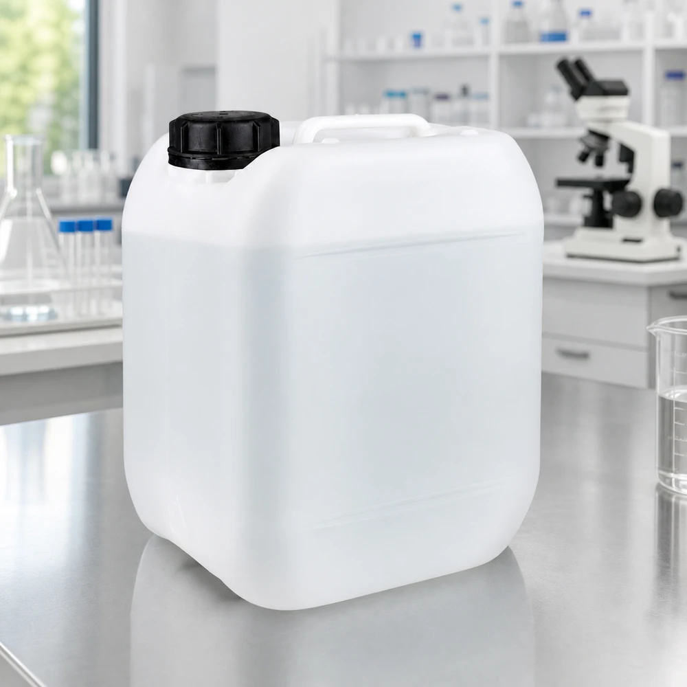 Bidon de laboratoire en PEHD de 5 litres avec bouchon à vis noir, posé sur une table en acier inoxydable dans un laboratoire