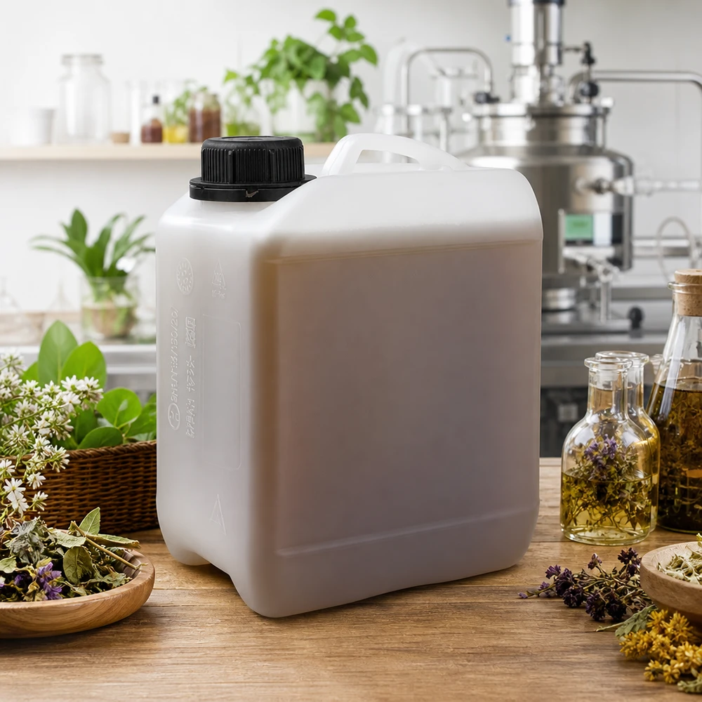 Bidon d'aromathérapie blanc de 2,5 litres avec bouchon à vis, entouré d'herbes et d'huiles essentielles