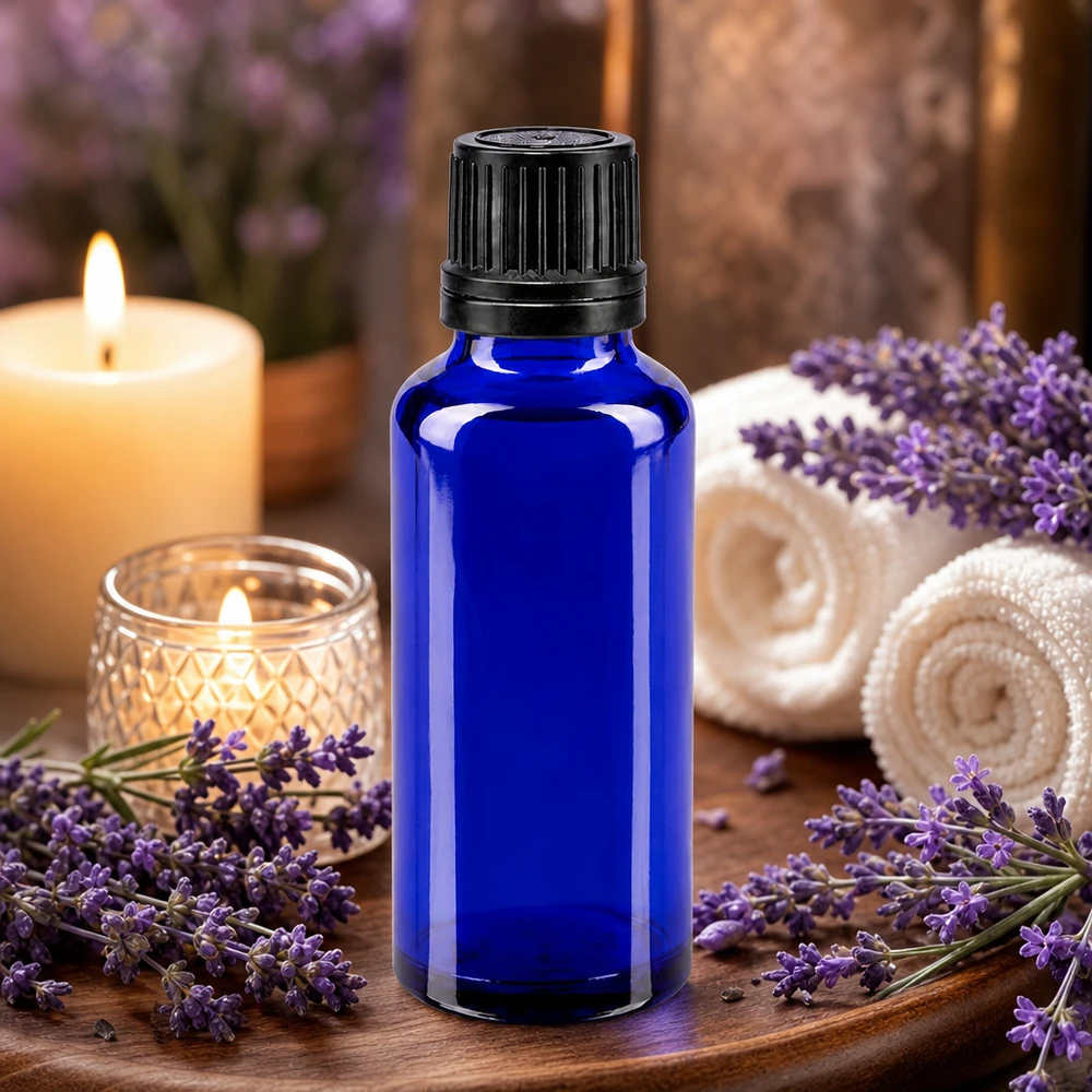 Bouteille de pharmacie bleue 30ml bouchon vissable noir bouchon d'inviolabilité Flacon de pharmacie de 30 ml en verre ambré, de couleur bleu cobalt, muni d'un bouchon à vis à l'épreuve des enfants