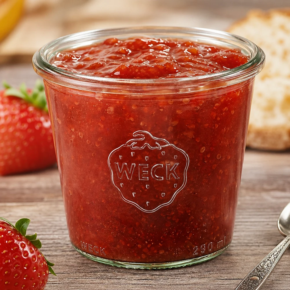 WECK RR80 Pot renversé 290ml haut rempli de confiture de fraises à côté de fraises fraîches sur une table en bois