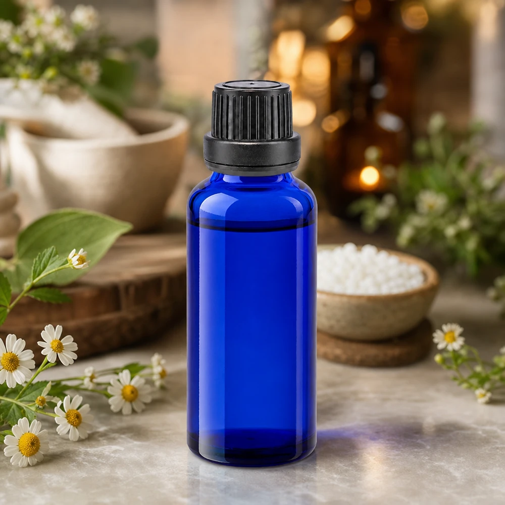Petit flacon de pharmacie de 30 ml, bleu cobalt, muni d'un bouchon à vis à l'épreuve des enfants et contenant des fleurs de camomille