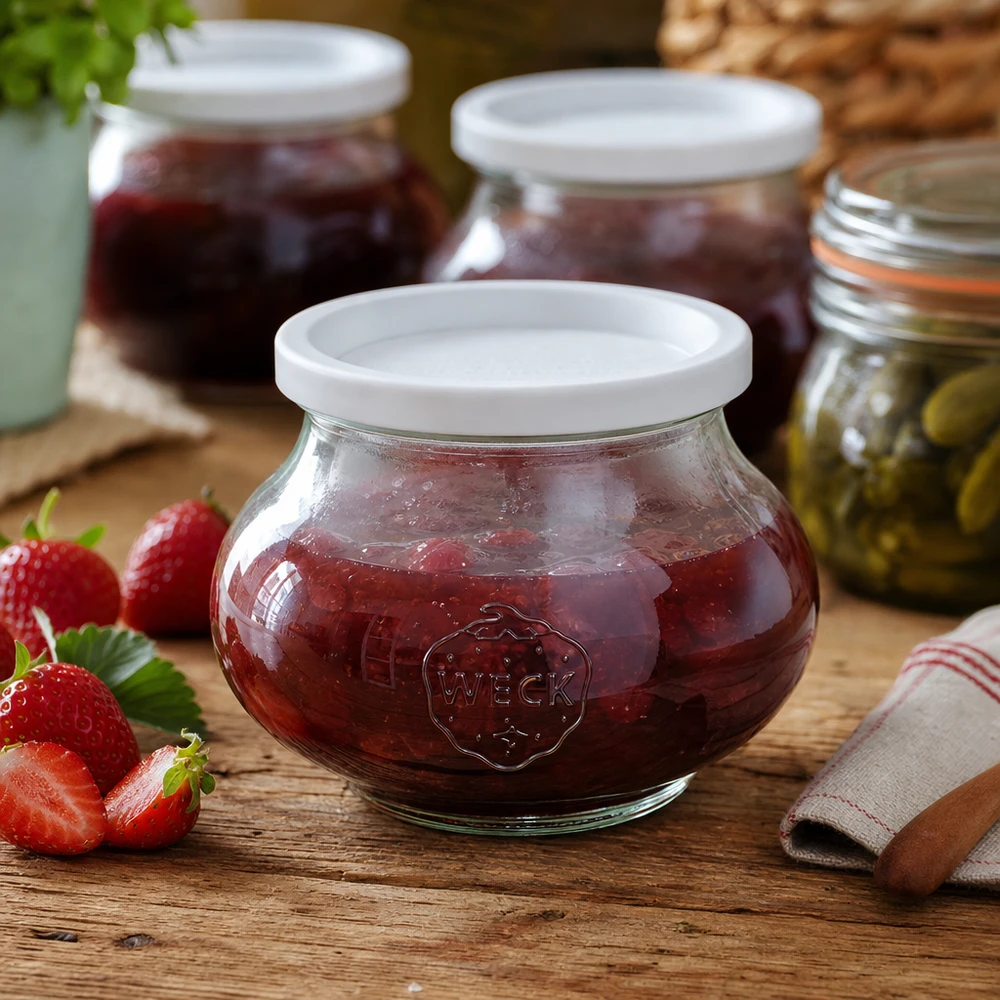 WECK Pot de conserve 560ml RR80 rempli de confiture de fraises à côté de fraises fraîches sur une table en bois dans la cuisine