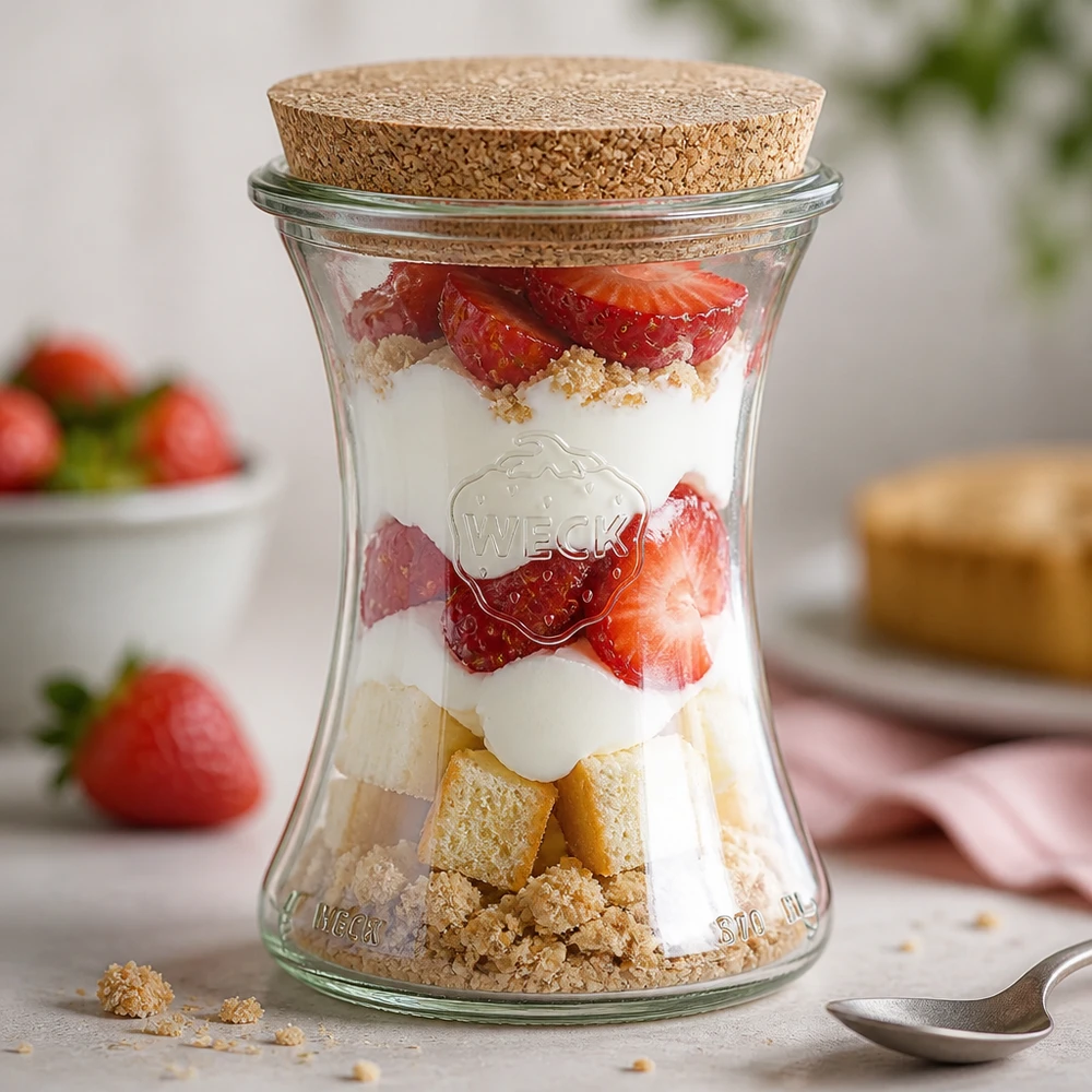 370ml bocal à gourmandises WECK RR80 avec bouchon nature WECK Pot 370ml RR80 comme coupe à dessert remplie d'un dessert stratifié de fraises, de yaourt et de miettes de biscuits