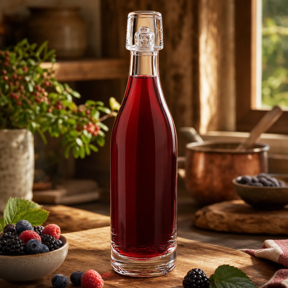 Bouteille en verre de 50 ml UNiTWIST remplie de jus de baies rouges à côté de baies fraîches sur une table en bois rustique Cuisine