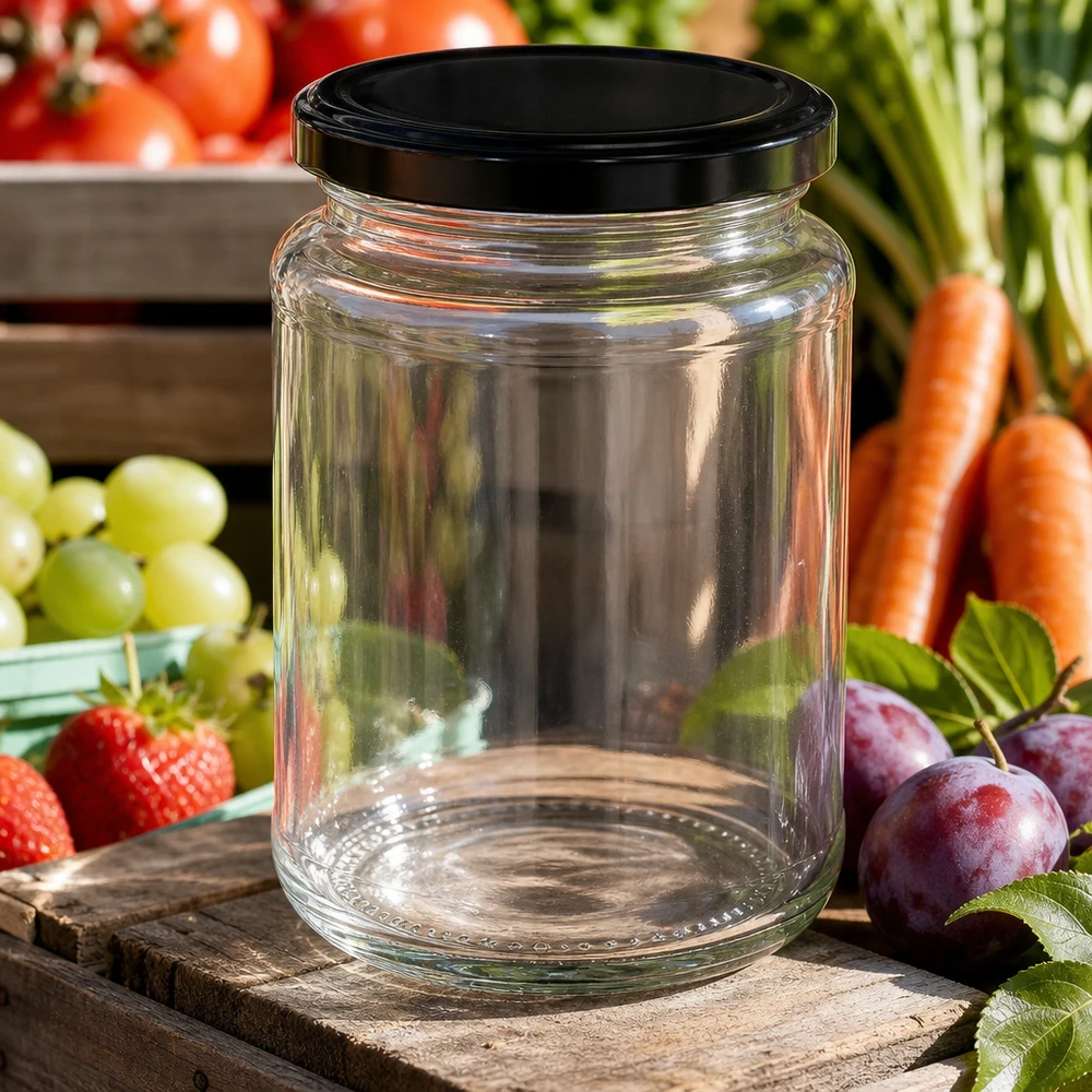 382ml Verre rond avec couvercle BasicSeal noir UNiTWIST 382ml Verre rond BasicSeal noir entouré de fruits frais Légumes Fraises Raisins Carottes Prunes Outdoor