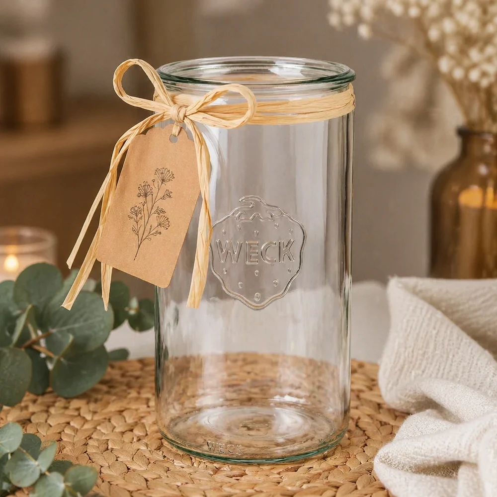 WECK RR100 Verre cylindrique 1590ml vide avec étiquette cadeau et ruban comme cadeau décoré sur un dessous de verre en liège