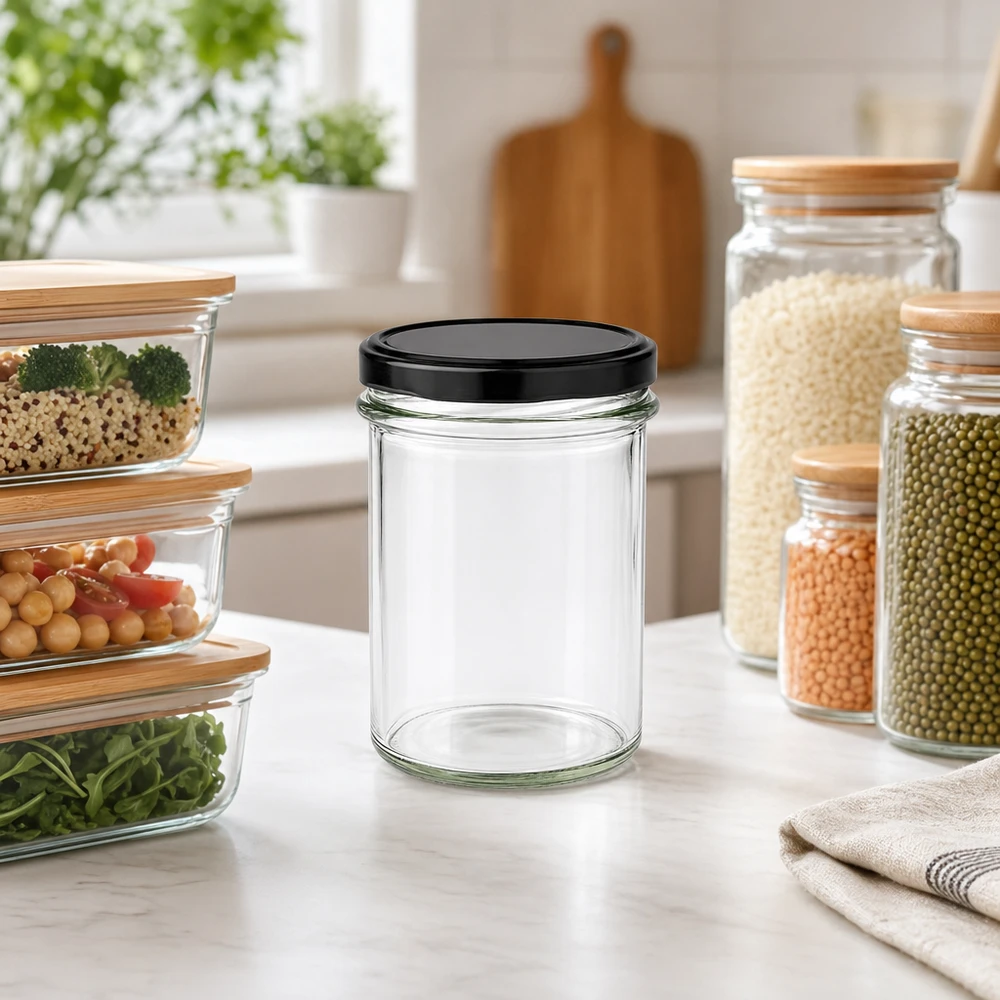 230ml verre linteau BasicSeal noir vide dans cuisine moderne avec bocaux de conservation rangement organisation scène de cuisine
