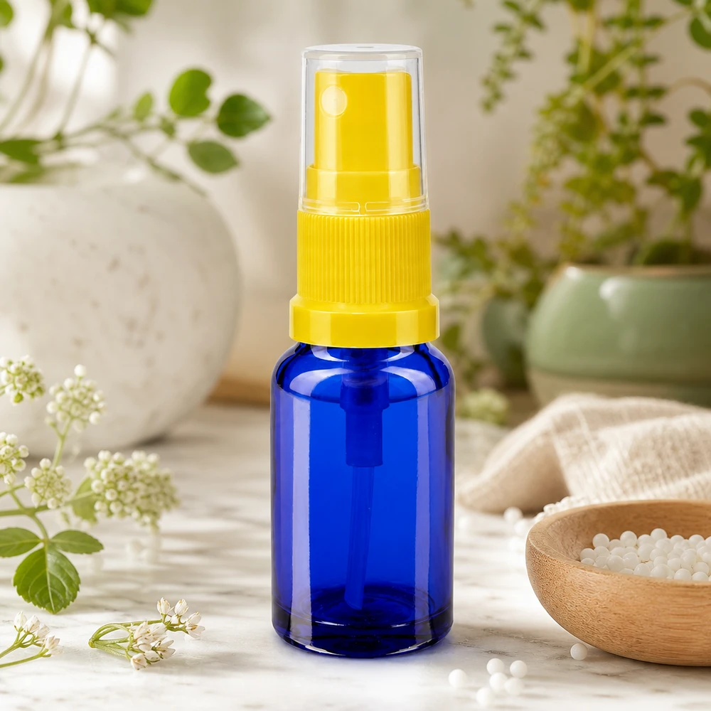 Flacon vaporisateur bleu de 30 ml en verre anti-UV, avec embout vaporisateur jaune et bouchon transparent