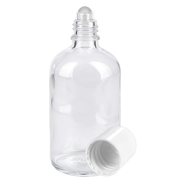 Flacon de pharmacie transparent 100ml roll-on bouchon blanc
