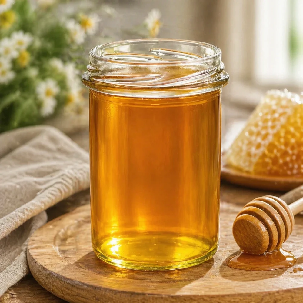UNiTWIST Sturz230 Pot de miel 230ml TO66 rempli de miel doré à côté du rayon de miel et de la cuillère à miel
