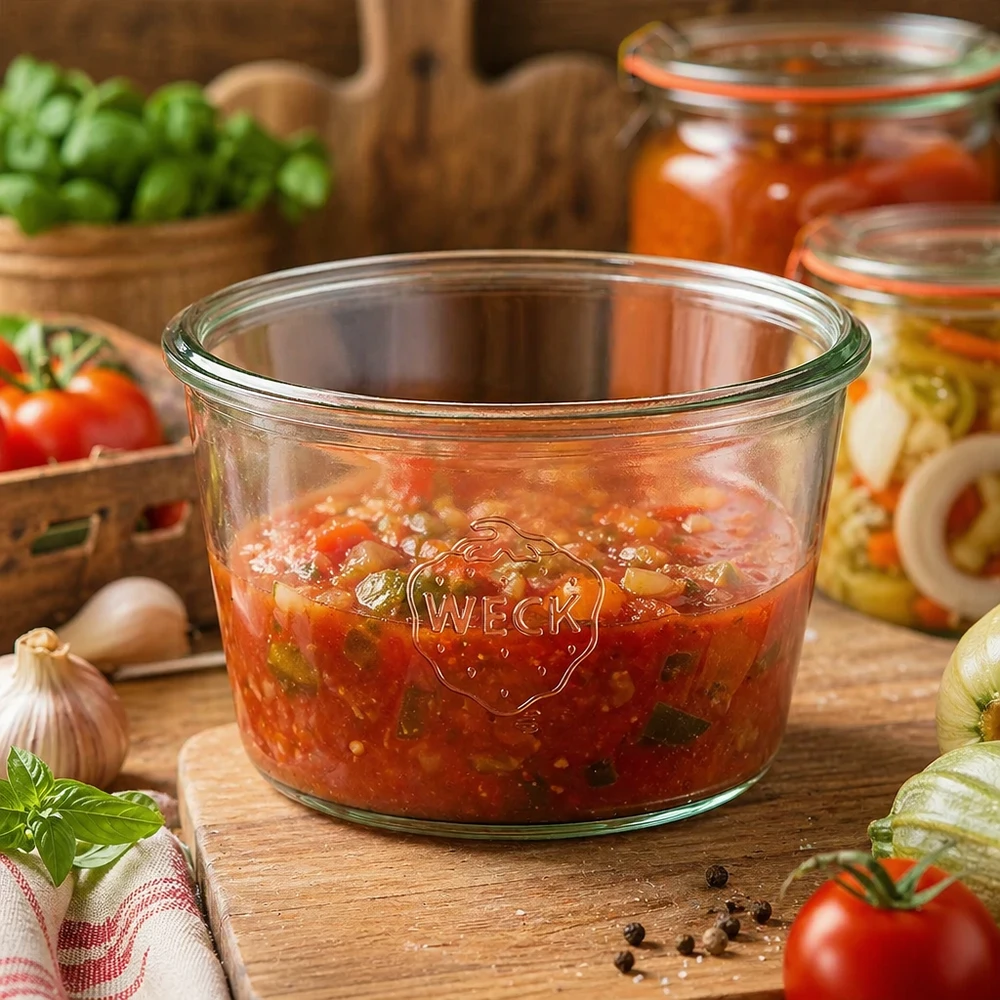 WECK Pot renversé 370ml RR100 rempli de sauce tomate sur table en bois à côté de tomates fraîches et d'herbes aromatiques