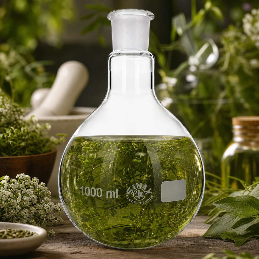 Ballon à fond rond 1000ml en verre de laboratoire avec liquide vert pour analyses phytochimiques