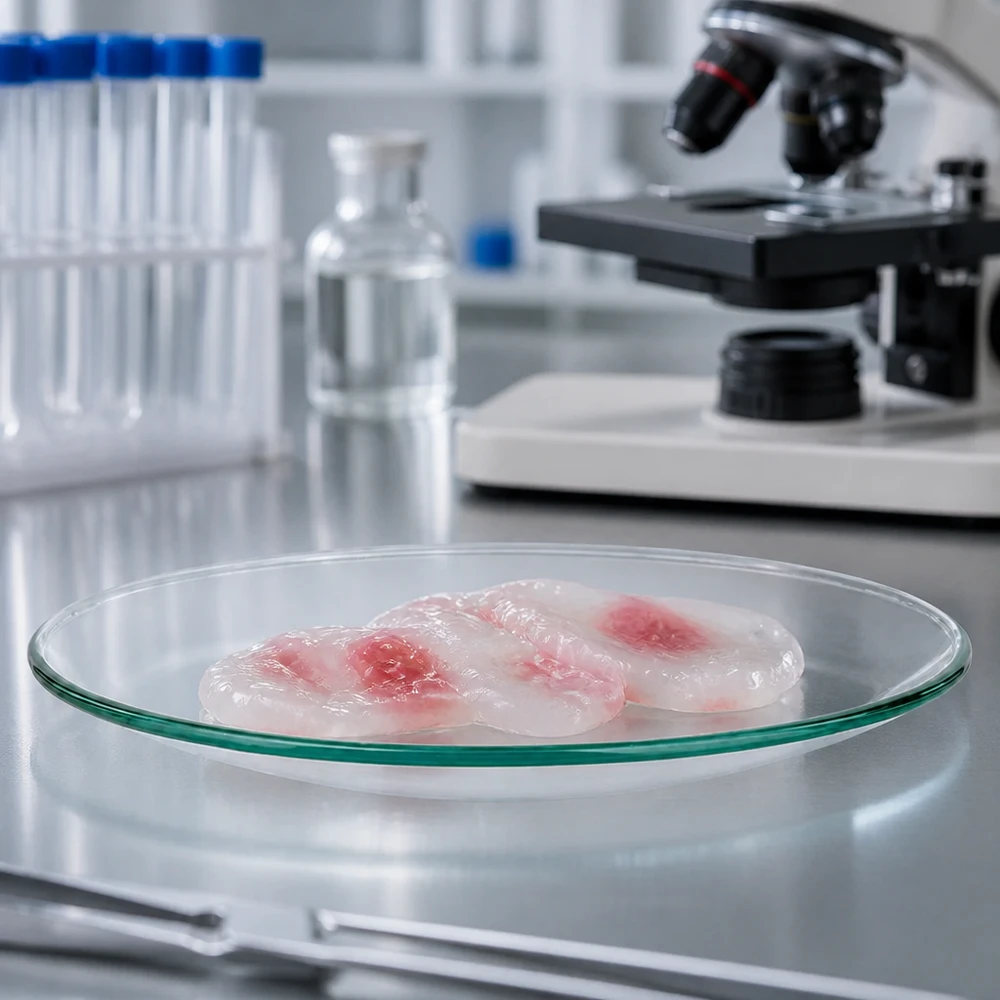 Verre de montre 60 mm - verre borosilicate 3.3 - bord fondu Plateau en verre de montre lisse 60mm avec échantillons de substances roses dans un environnement de laboratoire stérile à des fins de recherche