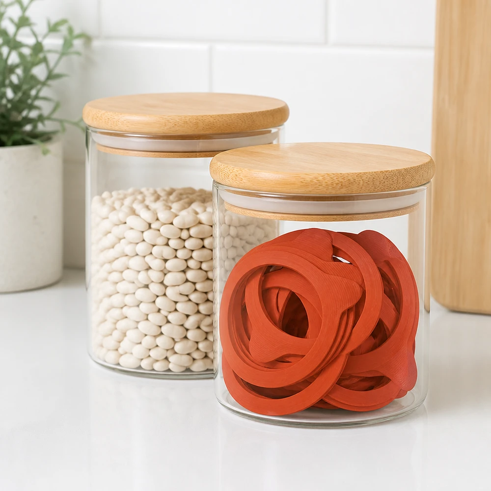 Anneau de mise en conserve en caoutchouc naturel RR100 Rote Einkochringe RR100 aus Naturgummi in Vorratsglas mit Bambusdeckel neben weißen Bohnen in moderner Küche