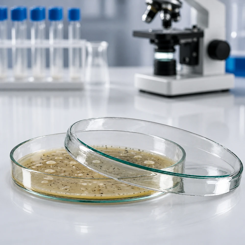 Boîte de Petri en verre 100x10 mm Deux boîtes de Pétri en verre empilées contenant une culture bactérienne, posées sur une paillasse de laboratoire blanche
