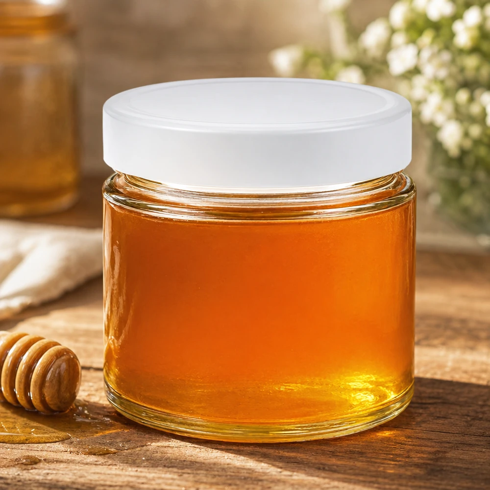 135ml Verre rond avec couvercle BasicSeal blanc UNiTWIST Pot rond de 135 ml rempli de miel Couvercle blanc BasicSeal Pot de miel Pot de confiture Pot de conservation