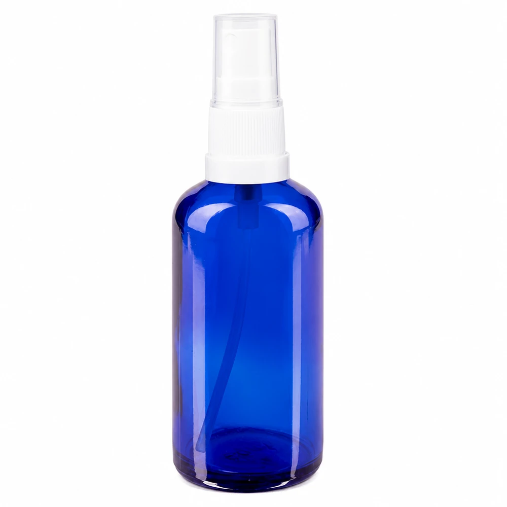 Flacon de pharmacie bleu 50ml embout spray blanc Flacon pulvérisateur en verre bleu de 50 ml avec tête de pulvérisation blanche, destiné aux pharmacies et aux produits cosmétiques