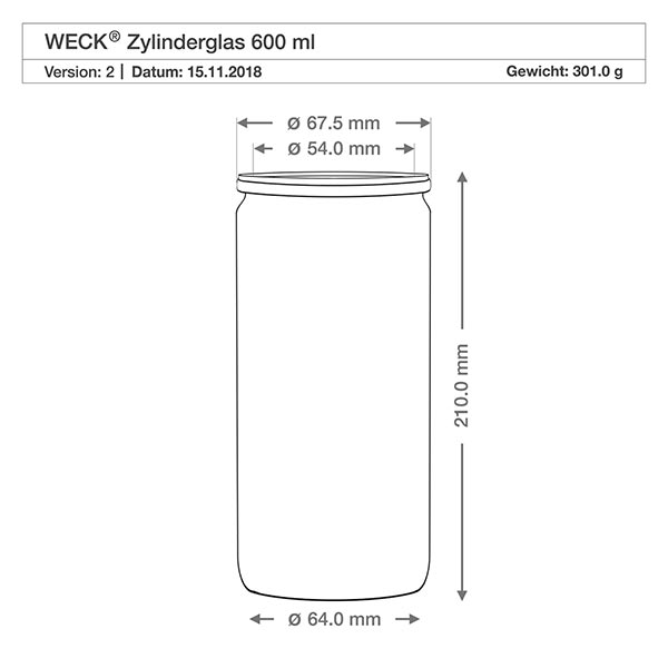 Dessin technique WECK verre cylindrique 600ml avec dimensions - diamètre 64mm, hauteur 210mm, poids 301g