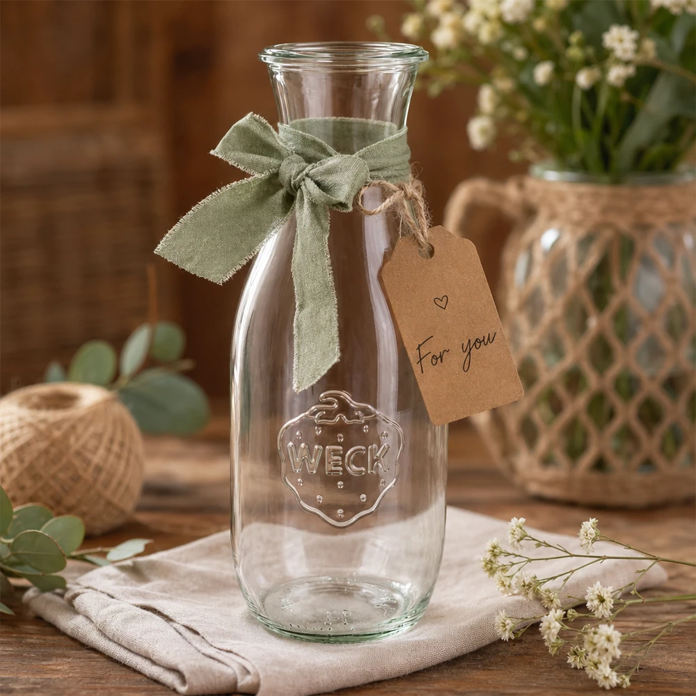 WECK Bouteille de jus de fruits 1062ml RR60 décorée avec un ruban vert et une étiquette cadeau For you entre les fleurs