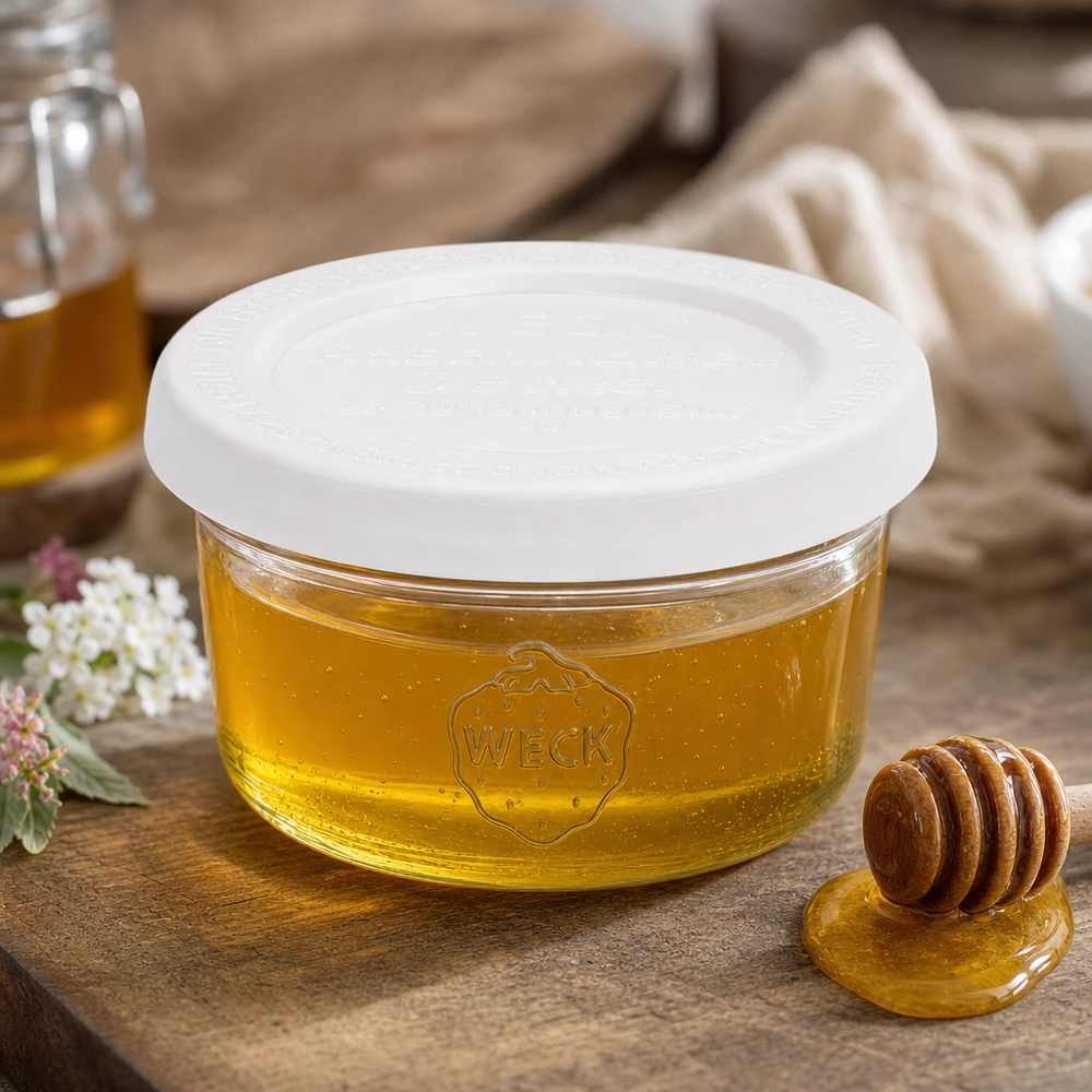 50ml bocal conique avec couvercle fraîcheur WECK RR60 Pot de 50 ml WECK RR60 rempli de miel et cuillère à miel sur une table en bois rustique dans une cuisine confortable