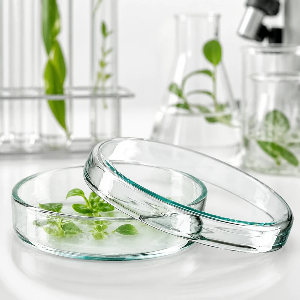 Boîte de Petri en verre 70x15 mm Boîte de Pétri en verre de 70 x 15 mm contenant des jeunes plants verts en solution nutritive, destinée à la recherche botanique