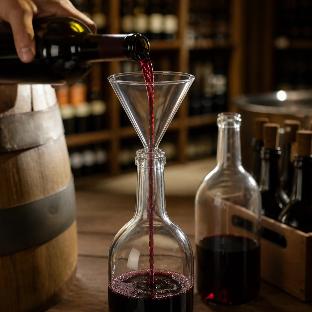Entonnoir Ø 100mm - verre sodocalcique - angle 60° Entonnoir en verre transparent de 100 mm avec pied court, pour la décantation professionnelle du vin et des liquides