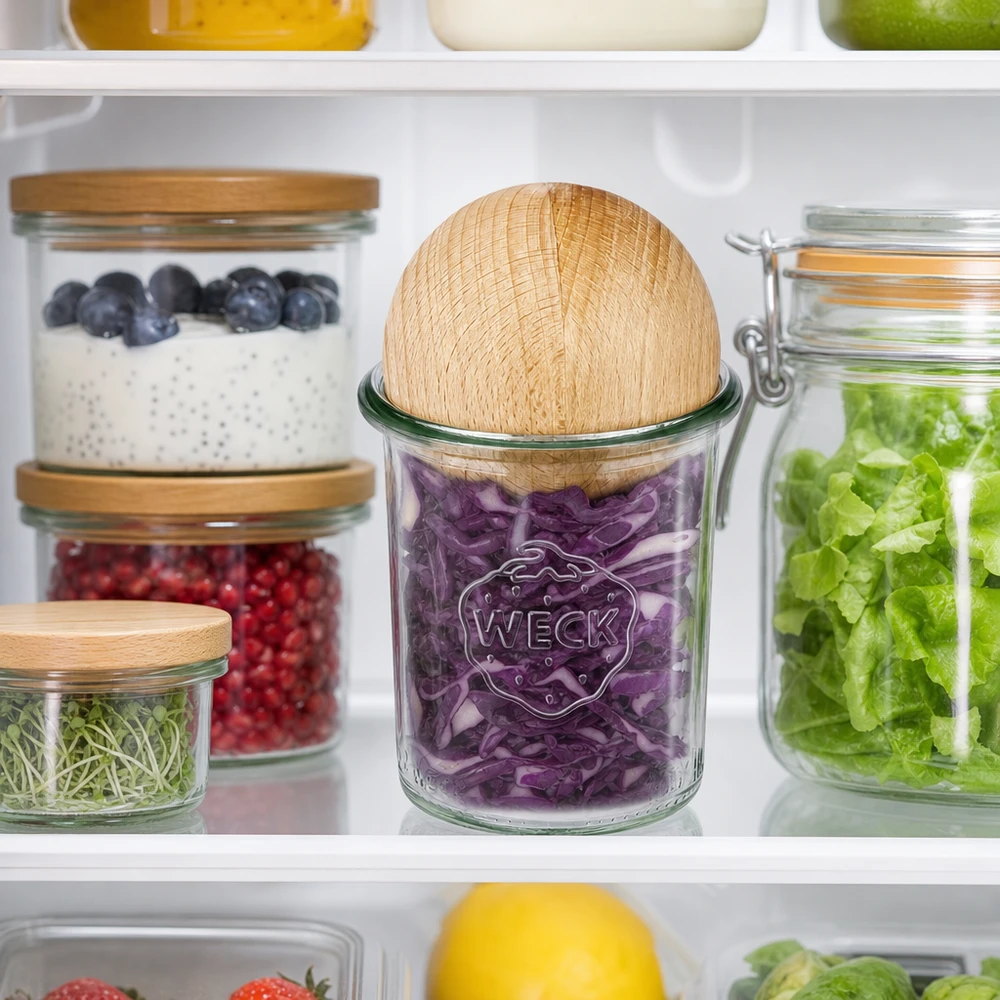 160ml bocal conique WECK RR60 avec boule en bois en hêtre WECK Pot renversé RR60 160ml avec boule en bois de hêtre dans le réfrigérateur pour conserver le chou violet à côté d'autres bocaux à provisions