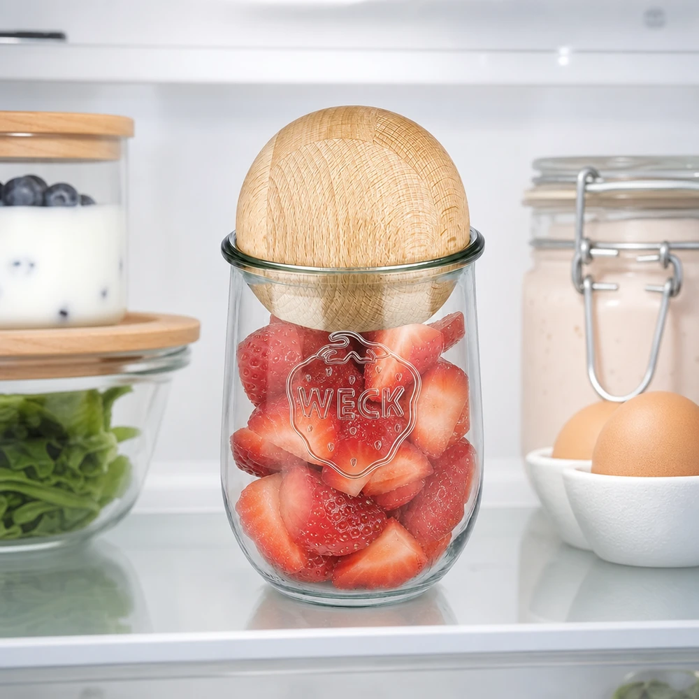 1062ml bocal tulipe WECK RR100 avec boule en bois en hêtre WECK Pot tulipe 1062ml RR100 avec boule de hêtre dans le réfrigérateur rempli de fraises fraîches montre une conservation optimale de la fraîcheur