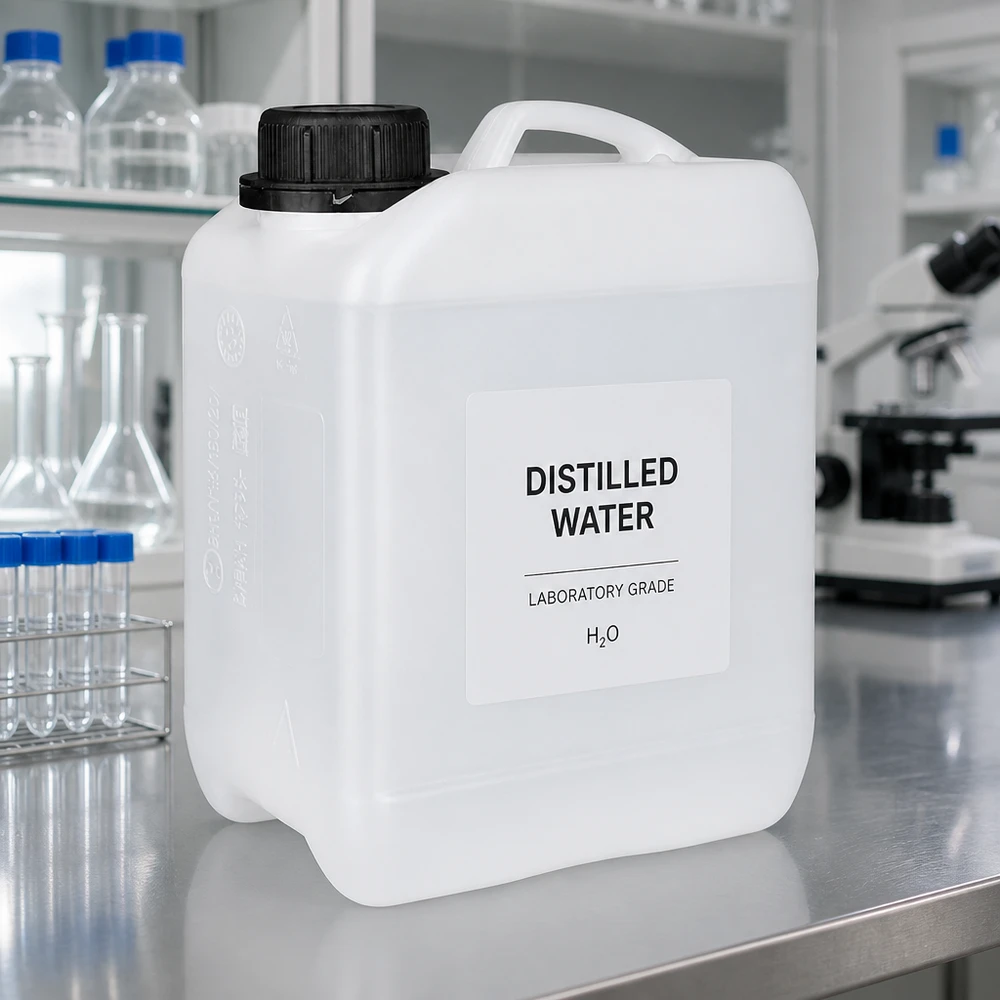 Bidon de laboratoire de 2,5 litres en PEHD blanc, muni d'un bouchon OV noir, pour l'eau distillée