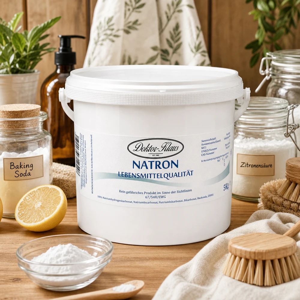 Bicarbonate de soude Docteur Klaus 5kg de nettoyant écologique à côté du citron et du bicarbonate de soude sur une table en bois