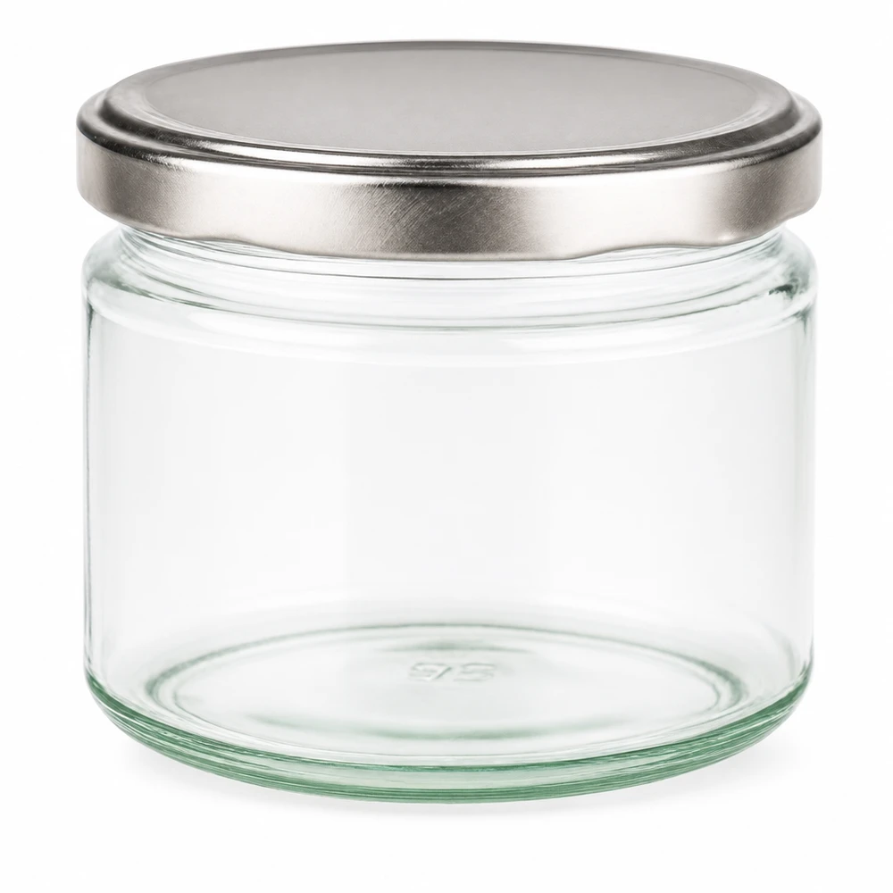 330ml Verre rond avec couvercle BasicSeal argent UNiTWIST Pot rond de 330ml avec couvercle BasicSeal argenté vide sur fond blanc Pot de conservation