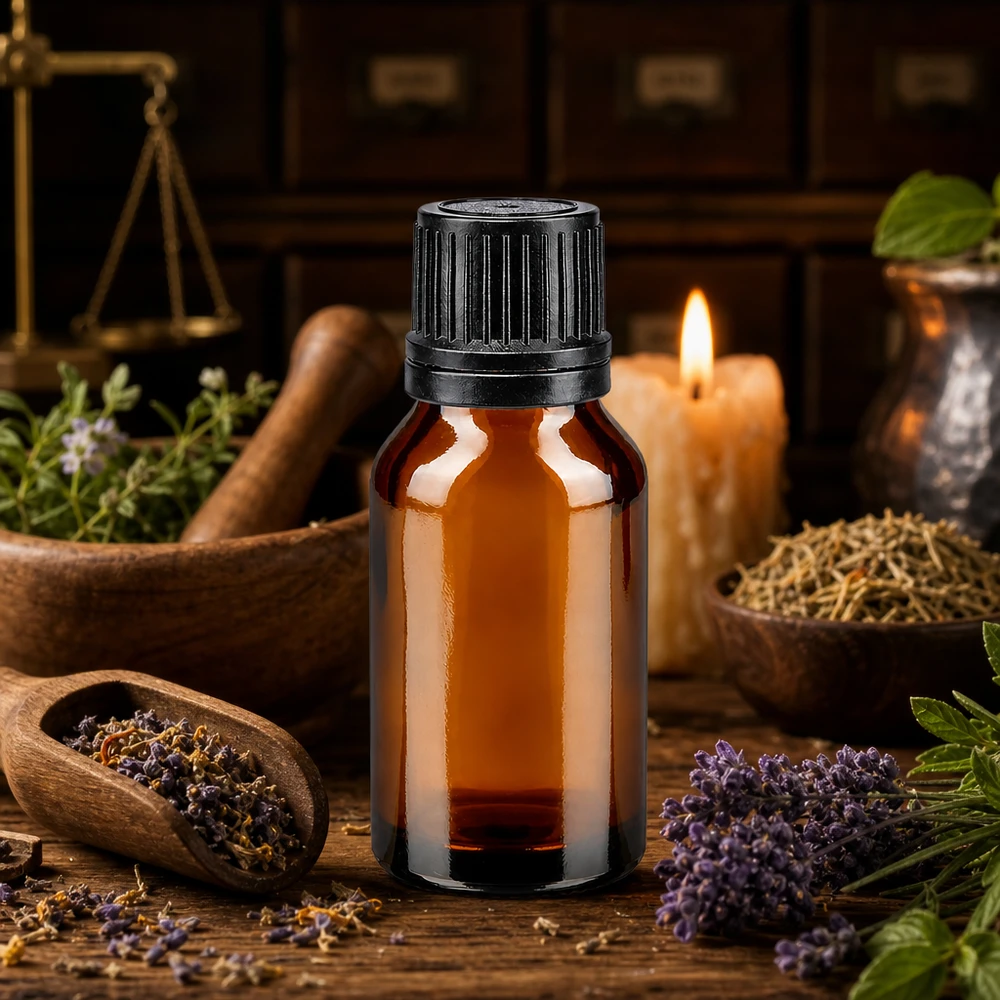 Flacon d'huile essentielle de 15 ml en verre ambré avec bouchon noir, agrémenté d'une bougie et d'un arrangement d'herbes aromatiques
