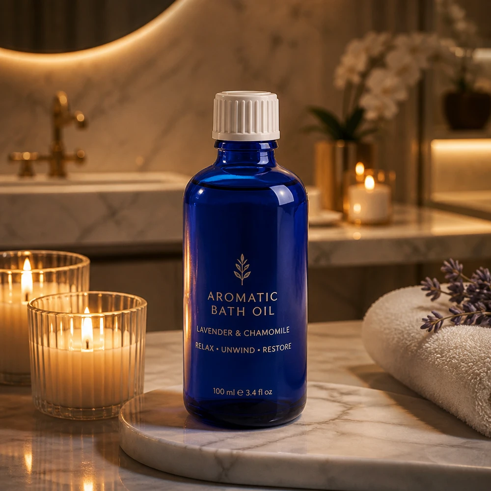 Flacon en verre bleu de 50 ml avec bouchon à vis blanc pour huile de bain à la lavande et à la camomille, dans une ambiance spa