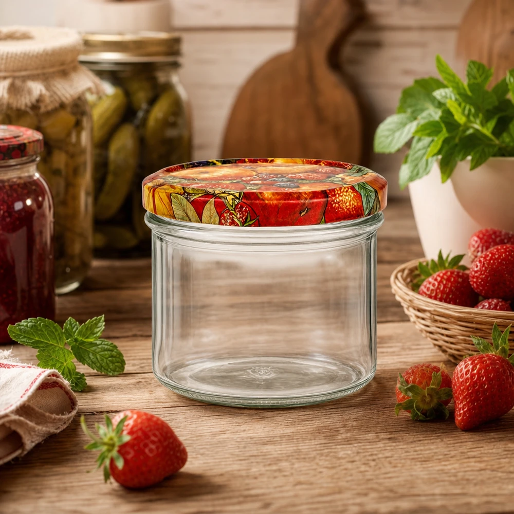 225ml Verre conique avec couvercle BasicSeal décor fruits UNiTWIST Pot renversé de 225 ml Décor de fruits au milieu de fraises fraîches et de menthe, parfait pour une confiture de fraises faite maison