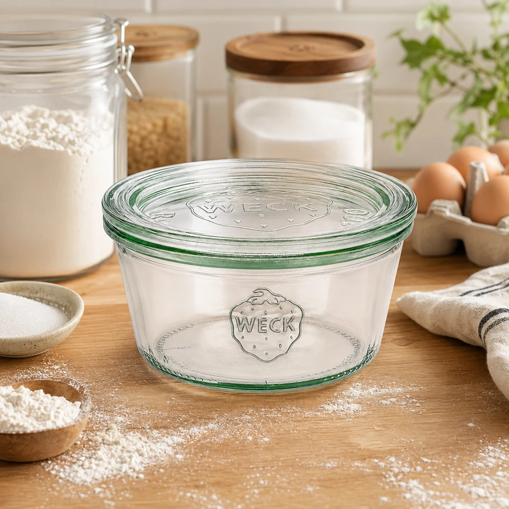 WECK Verre renversé 290ml RR100 dans cuisine avec farine oeufs et bocaux à provisions comme accessoires de pâtisserie et solution de conservation
