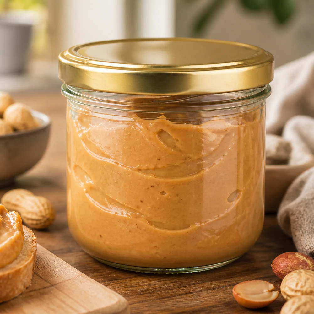 260ml Verre conique avec couvercle BasicSeal or UNiTWIST 260ml pot renversé rempli de beurre de cacahuètes BasicSeal couvercle doré UNiTWIST entouré de noix sur planche en bois