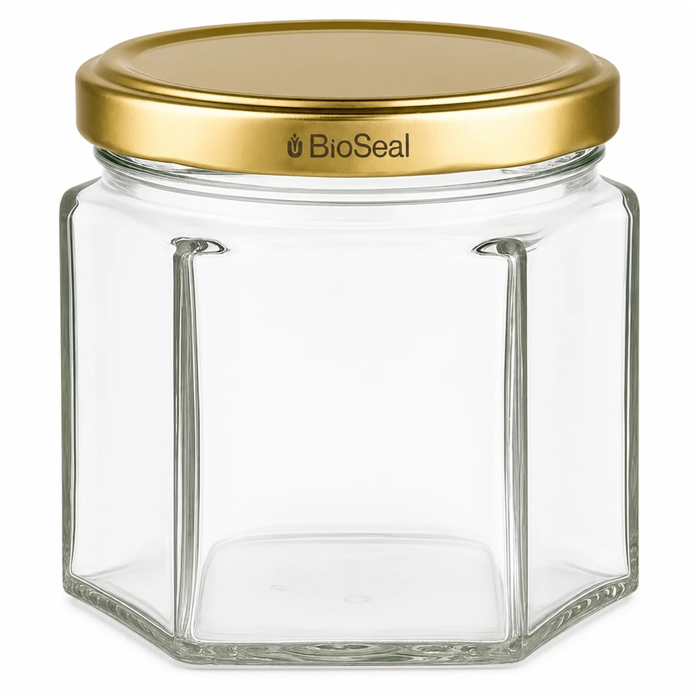 47ml Verre hexagonal avec couvercle BioSeal or UNiTWIST Récipient en verre hexagonal UNiTWIST Hexa47 avec couvercle TO43 BioSeal doré pour la conservation et le stockage
