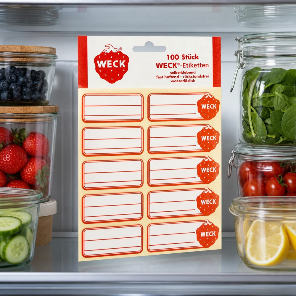 Étiquettes WECK 19 x 13 mm (paquet(s) de 100 pièces) WECK Etiketten im Kühlschrank zwischen Vorratsgläsern mit Obst Gemüse zeigen praktische Küchen-Organisation