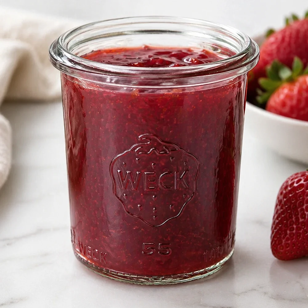 WECK Pot renversé 140ml RR60 rempli de confiture de fraises rouges à côté de fraises fraîches sur une surface blanche