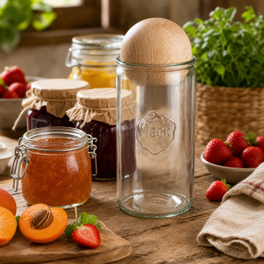 1590ml bocal cylindrique WECK RR100 avec boule en bois en hêtre WECK Pot 1590ml RR100 avec boule en bois de hêtre dans la cuisine entre les confitures, les fruits frais et les herbes aromatiques