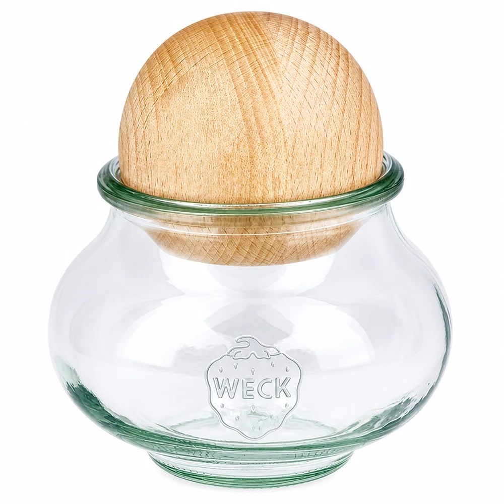 WECK Bocal à bijoux 560ml RR80 avec boule en hêtre Couvercle en bois Bocal à provisions avec joint en liège transparent