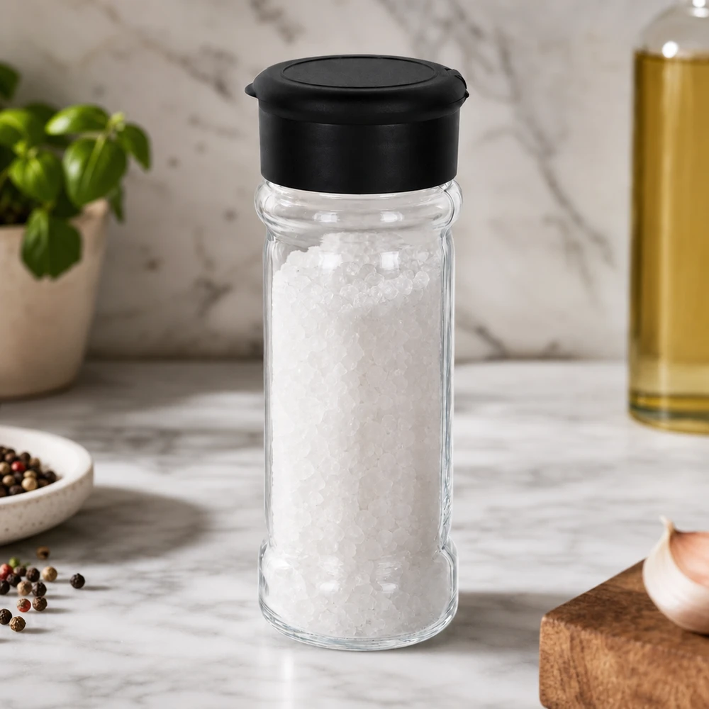 Pot à sel/épices 100 ml avec saupoudreuse, noir Pot à épices de 100 ml rempli de gros sel marin, avec un couvercle saupoudreur noir posé sur un socle en marbre